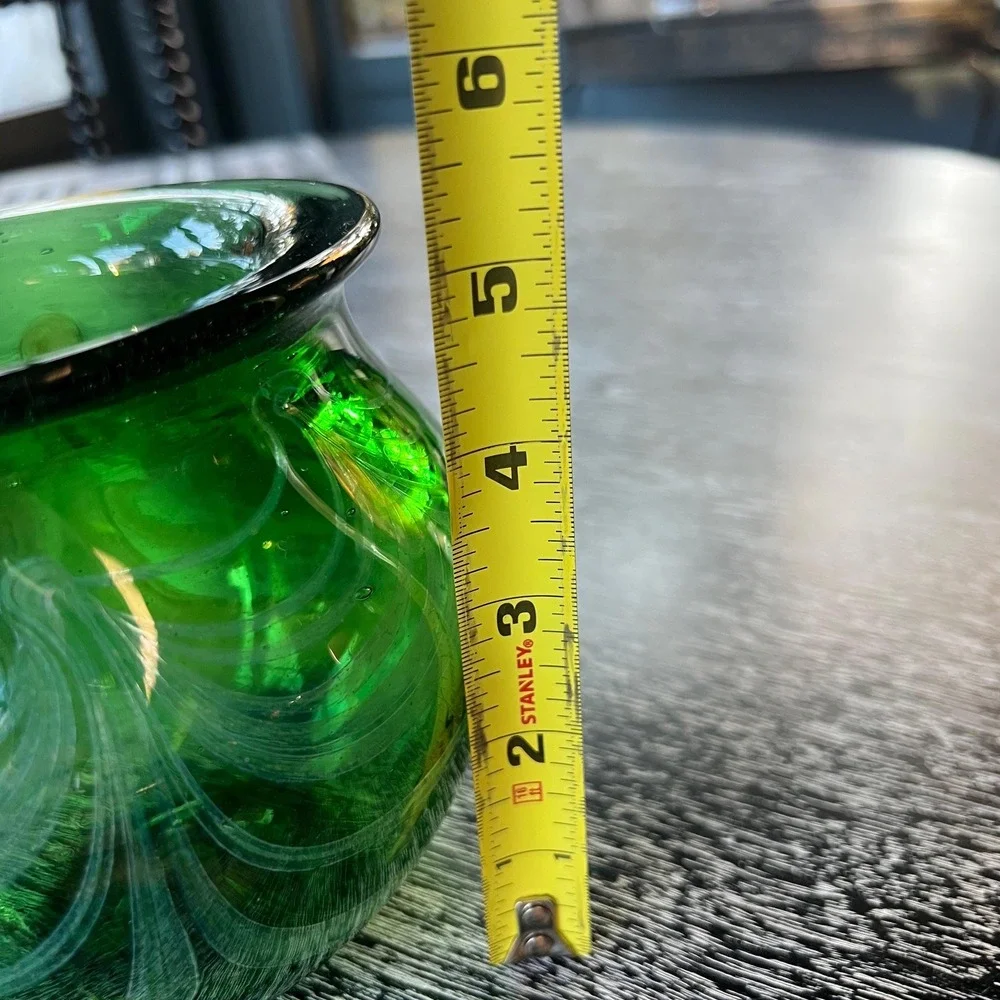 Blown Glass Vase - greenwith blue/gold scallop‎ swirls